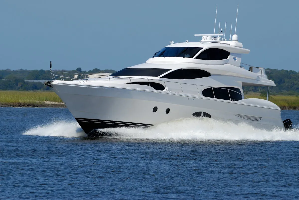 A speedboat cutting across the water