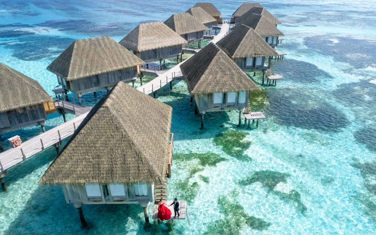 Overwater villas on a Maldives lagoon