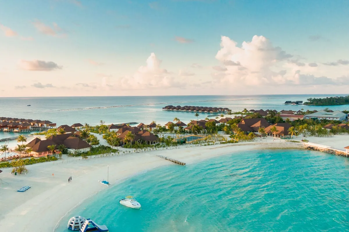 Aerial view of an island resort near Hulhumalé, Maldives
